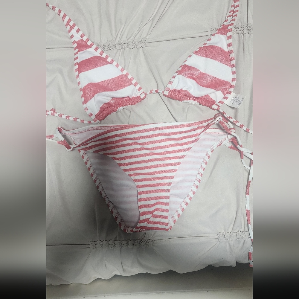 Pink and White Striped Bikini Set